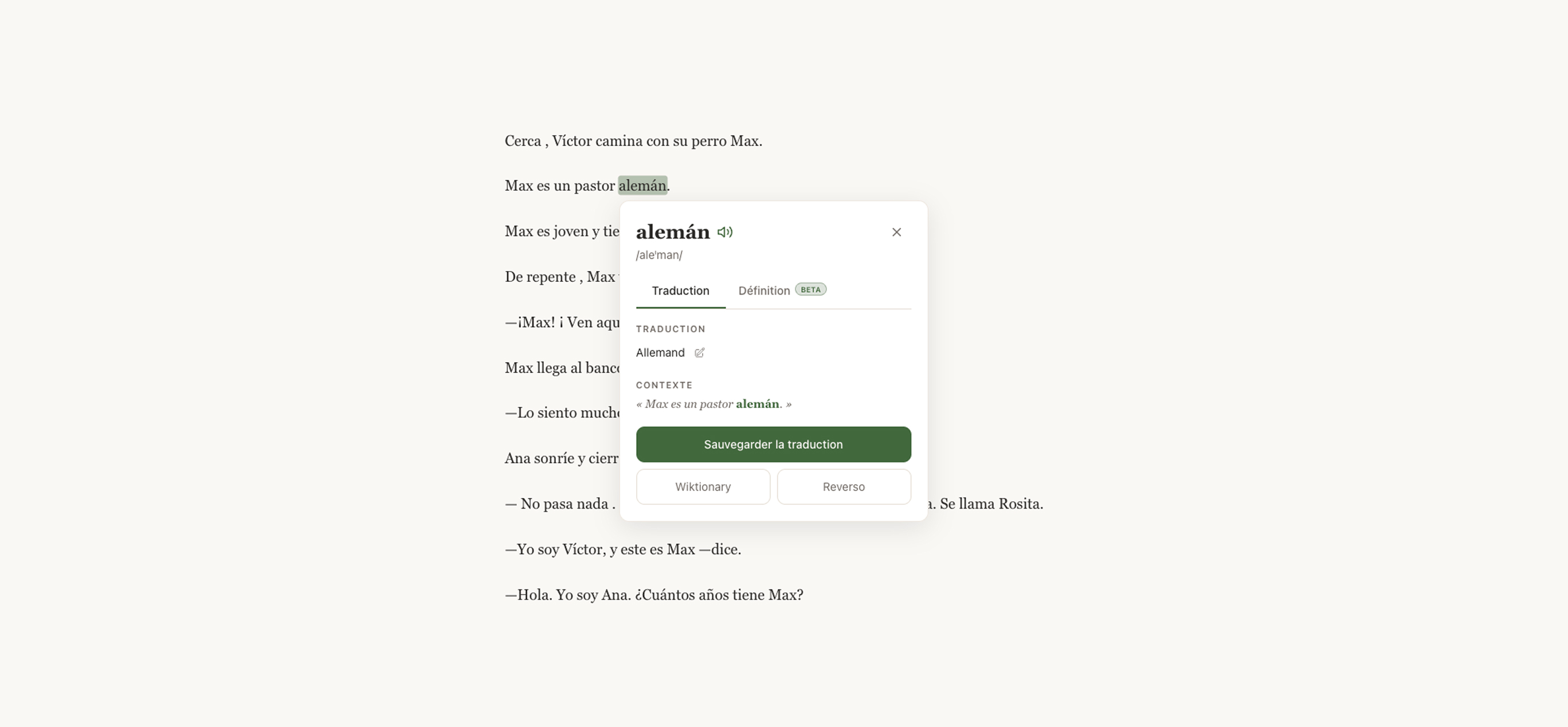 Vue de lecture Lira avec un mot traduit directement dans le texte