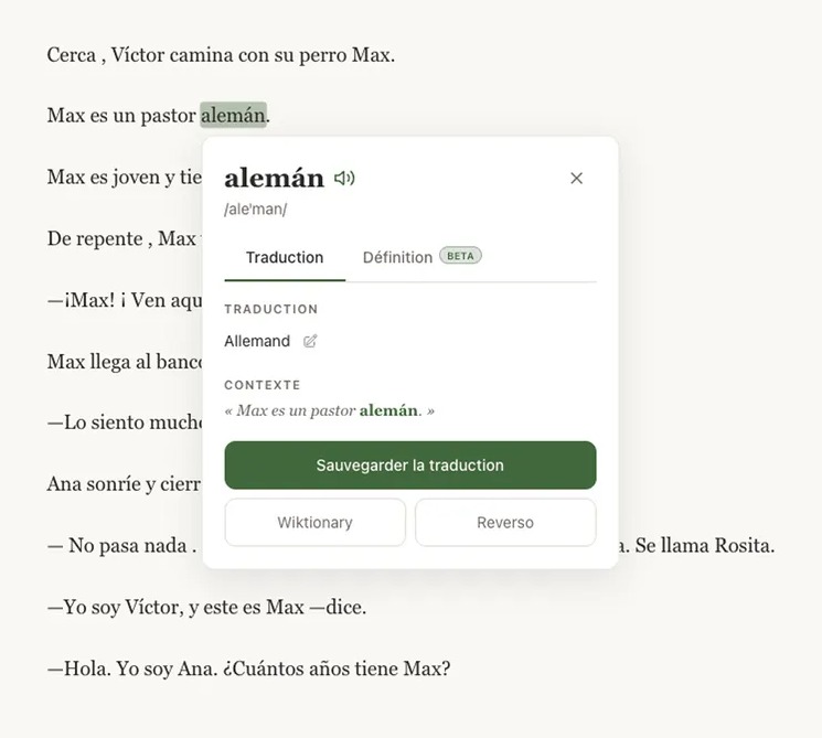 Popup de traduction d'un mot cliqué dans un texte, avec définition, contexte et bouton de sauvegarde